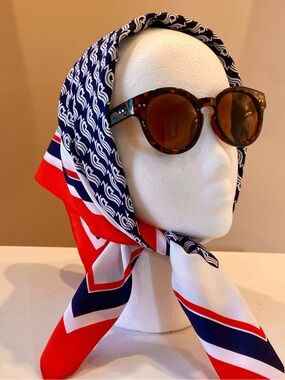 Vintage 80s Norwegian Caribbean Lines Red White Blue Scarf Stripe Wave Nautical